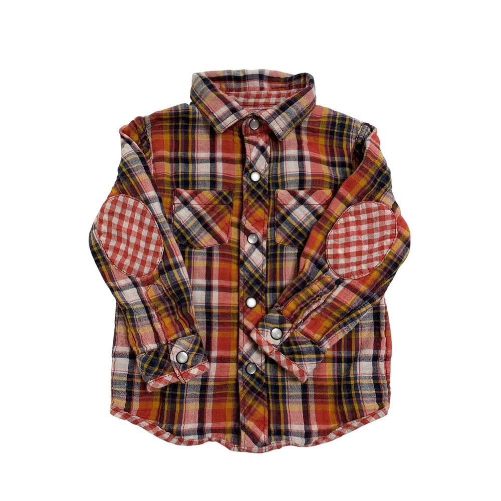Kids Plaid Flannel Shirt with Elbow Patches Snap Button Long Sleeve